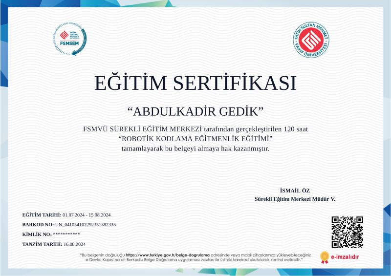 Robotik Eğitmenlik Sertifika